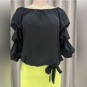 CeCe Off Shoulder Ruffled Blouse Top Chiffon 3/4 Tier Hem Sz S Black